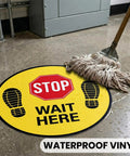 Five Pack Stop Here Floor Signs 18 Inch Round Vinyl Anti Slip High Visibility Stickers For Quick Queue Control And Social Distancing In Busy Places No Fuss, mopped floor