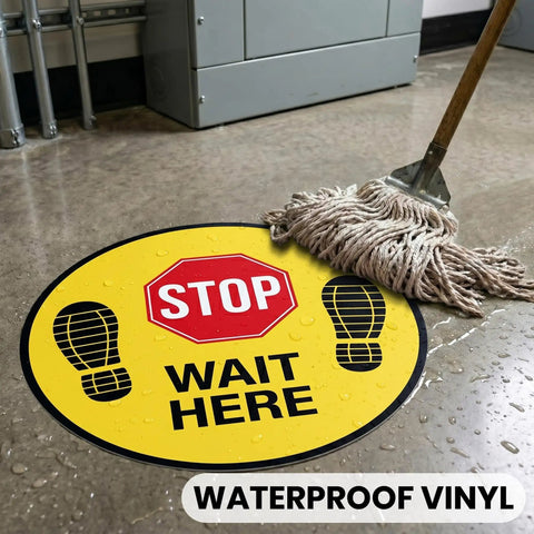 Five Pack Stop Here Floor Signs 18 Inch Round Vinyl Anti Slip High Visibility Stickers For Quick Queue Control And Social Distancing In Busy Places No Fuss, mopped floor