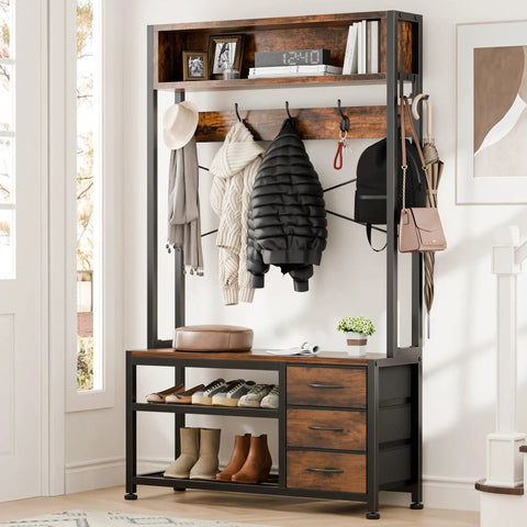 Rustic Brown Hall Tree With Bench And Shoe Storage Freestanding Coat Rack With Two Tier Shelf Six In One Entryway Organizer Featuring 12 Hooks 3 Drawers And Holds 200 Lb For Shoes And Coats Front Door Space Saver Clutter Free Entrance with hanging coats and shoes displayed.