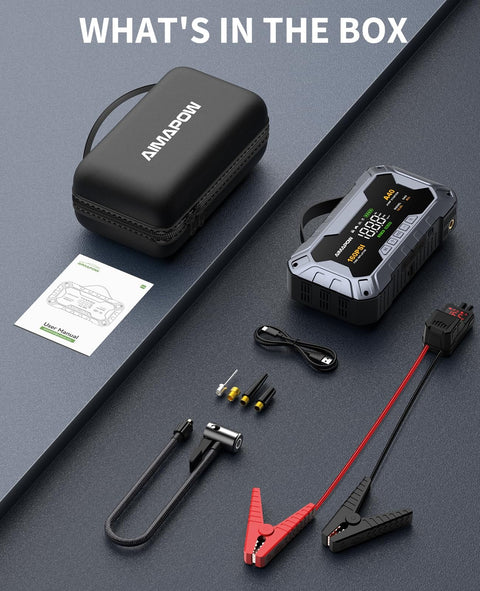 8000A Jump Starter with 160 PSI Air Compressor and 12V Power Bank, accessories displayed, including cables and case