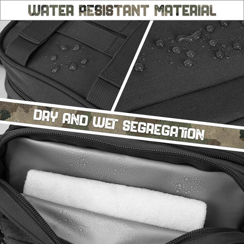 Tactical Toiletry Bag For Men EDC Hygiene Kit With Molle Pouches, water-resistant fabric, and wet and dry compartments.