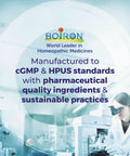Laboratory with scientist and text for Boiron homeopathic medicine created sustainably to cGMP & HPUS standards.