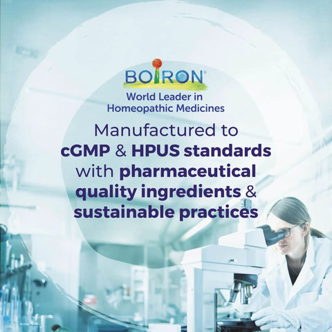 Scientist in lab with text about cGMP, HPUS standards, and pharmaceutical ingredients.