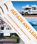 RV Roof Tape Sealant 4 Inch 50 Foot Natural White Heavy Duty Roof Repair Tape for Campers Trailers and Boats displayed with RV and boat