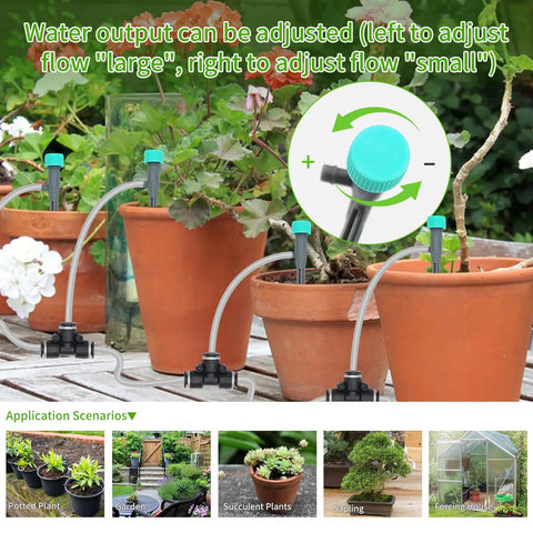 Automatic Watering System For Potted Plants With Programmable Timer And Dual Self Priming Pumps in use on terracotta pots