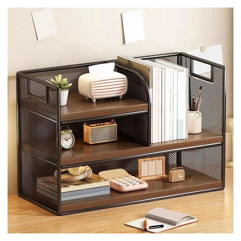 Industrial Style Iron Tabletop Bookshelf With Density Board Open Organizer Shelf for Living Room or Office, compact display.