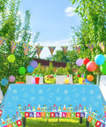 Set Of 3 Lit Science Tablecloths For Kids Party Lab Theme Decorations With Colorful Test Tubes Microscope And Molecule Graphics 108 By 51 Inch Table Covers displayed at an outdoor party scene.