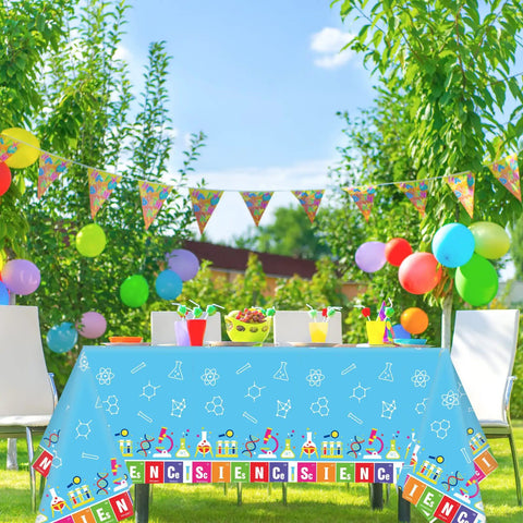 Set Of 3 Lit Science Tablecloths For Kids Party Lab Theme Decorations With Colorful Test Tubes Microscope And Molecule Graphics 108 By 51 Inch Table Covers displayed at an outdoor party scene.