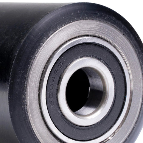 Close-up of Beefy Heavy Duty Pallet Jack Wheels Set 2 Pcs, 3 By 3.75 Inches, 20mm Bore, Poly Tread on Steel, Black Finish