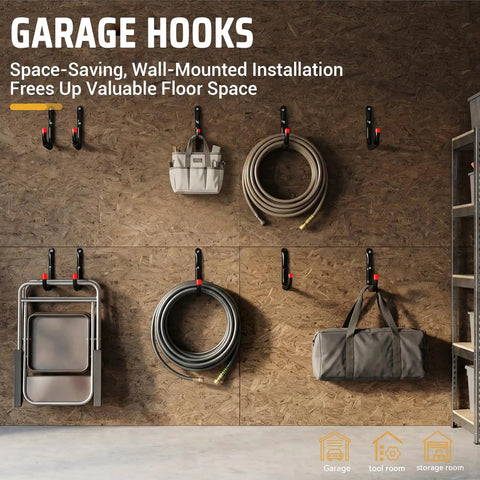 Top Tier Heavy Duty Steel Garage Hooks Wall Mounted Tool Storage Rack For Ladders Bikes And Yard Gear mounted on wood wall with tools and bags