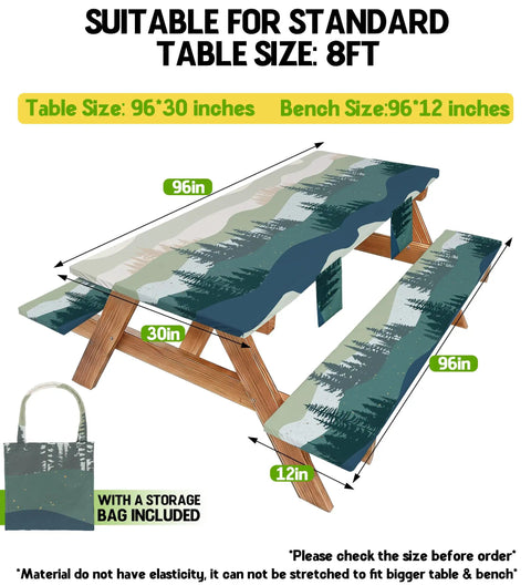 Waterproof Picnic Table Cover With Bench Covers, Elastic Fitted 96 Inch Table And 12 Inch Benches with Storage Bag