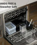 Fully Automatic Espresso Machine With Built In Adjustable Grinder And Auto Milk Frother Seven One Touch Brew Presets Dial In Your Strength Zero Hype Needed Just Smooth Daily Sippin Ready To Elevate Your Morning Routine Black parts placed in dishwasher, showing hands-free and dishwasher-safe features.