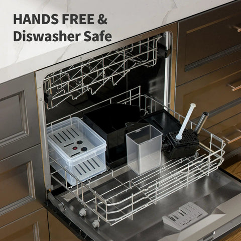 Fully Automatic Espresso Machine With Built In Adjustable Grinder And Auto Milk Frother Seven One Touch Brew Presets Dial In Your Strength Zero Hype Needed Just Smooth Daily Sippin Ready To Elevate Your Morning Routine Black parts placed in dishwasher, showing hands-free and dishwasher-safe features.