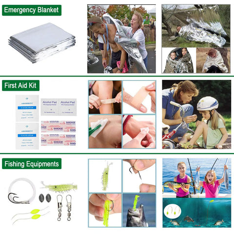 Image showing emergency blanket, first aid essentials, and fishing equipment from 35 In 1 Survival Kit With First Aid Essentials For Camping And Outdoors.