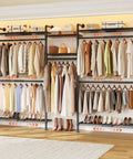 Space Saving Expandable Wall Mounted Closet System With Telescoping Shelves And Adjustable Rods, Industrial Pipe Wardrobe Rack For Walk-In And Reach-In Closets, 5.7 To 8.2 Ft, Black Finish, clothes organized on shelves and rods