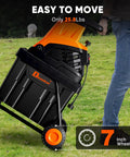 Person moving Beast Mode Wood Chipper Shredder for Yard Cleanup with 1800W motor and 1.77 inch cut, showcasing portability.
