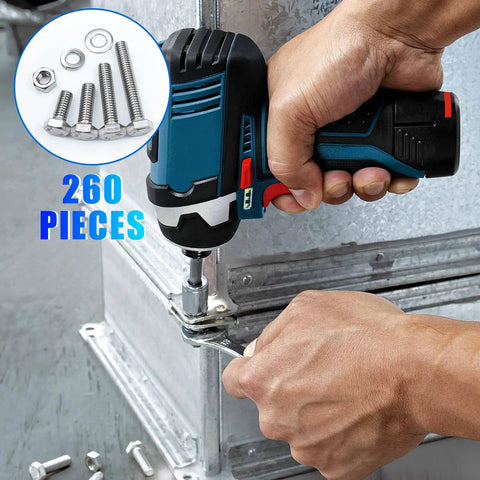 260 Piece Heavy Duty Grade 304 Stainless Steel Hex Bolts And Nuts Assortment Kit With Flat And Spring Lock Washers in use with a power drill.