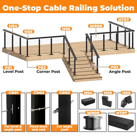 Heavy Duty 6 Foot 6 Inch Stainless Steel Flat Handrail Slick Matte Black Finish Cable Railing Run Your Deck Built Tough For Outdoor Stairs And Balconies Walkway Premium Badass Guardrail System with labeled parts for installation.