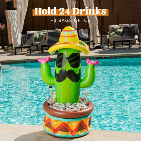 Forty Three Inch Inflatable Cactus Cooler With Sombrero Hat For Fiesta And Cinco De Mayo Party Supplies A Fun Functional Inflatable Pool Party Cooler And Desert Theme Decor That Keeps Drinks Cold by a pool