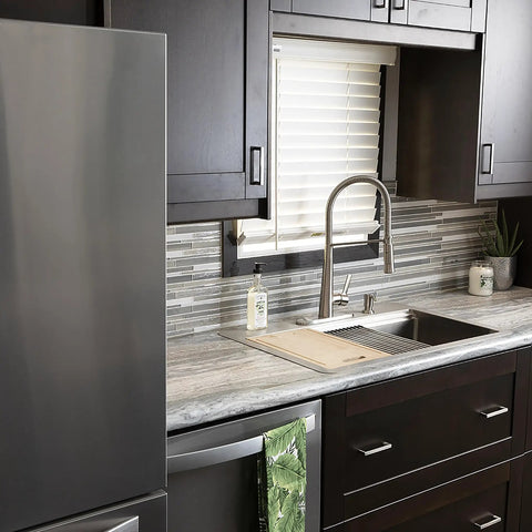 Solid Core Kitchen Cabinet Pulls 10 Pack Heavy Duty Stainless Steel Handles For Cabinets Doors And Dressers Three And Three Quarters Inch Hole Center Luxe Skylight Collection Top Shelf Hardware on dark wood cabinets in modern kitchen.