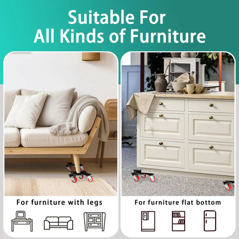 Heavy Duty 5 Wheel Furniture Dolly With Brakes under a sofa and a dresser, showcasing versatility for various furniture types.