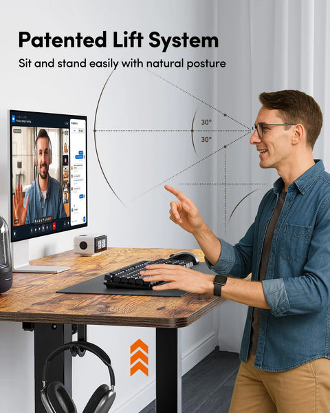 Person using Electric Height Adjustable Standing Desk 48 By 24 Inches Sit Stand Computer Desk For Home Office Rustic Brown