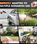 Kick Grime With This Grab And Go Cordless Handheld Washer Featuring Foam Pot Jet Spray And Water Sprayer For Cars Bikes Home Walls Patio And Tight Corners. Multiple scenarios depicted: cleaning car, watering garden, washing floor, rinsing bicycle.