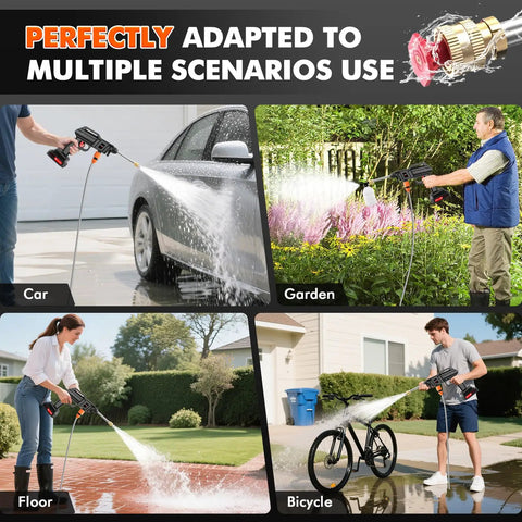 Kick Grime With This Grab And Go Cordless Handheld Washer Featuring Foam Pot Jet Spray And Water Sprayer For Cars Bikes Home Walls Patio And Tight Corners. Multiple scenarios depicted: cleaning car, watering garden, washing floor, rinsing bicycle.