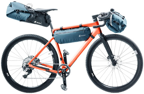 Orange bike with Cabezon FB 6 Frame Bag For Bikes, 6L Waterproof Storage Pack For Commuting And All Terrain Riding, side view