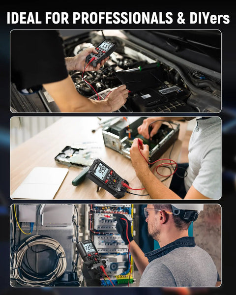 KM200P Digital Multimeter with all button operation used in automotive, electronics, and industrial settings by professionals and DIYers