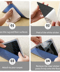 Step-by-step applying No Slip Rug Grippers 12 Pack for Area Rugs; clean surface, peel sticker, attach to rug, press down.