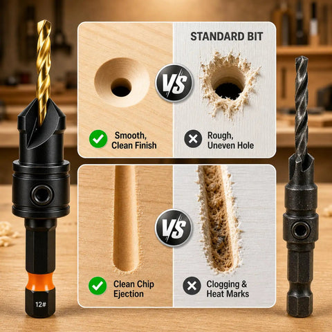 Pro Level Adjustable Titanium Hss Steel Countersink Drill Bit Set 11 Piece comparison showing clean finish vs rough holes.