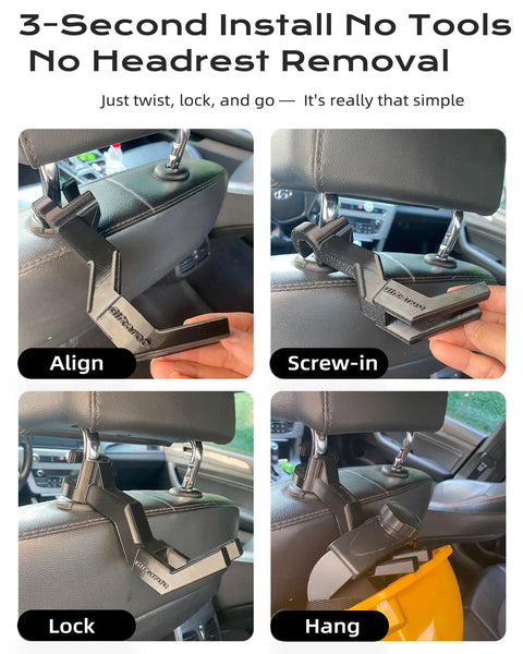 Hard Hat Headrest Hook Organizer For Truck Cab, 3-Second Install Helmet Holder Mount installation steps on car seat