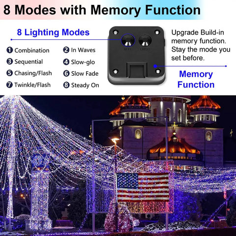 Overview of Patriotic Solar Fairy String Lights 2 Pack With 200 LED 66 Ft Red White Blue Outdoor Waterproof for yard decor