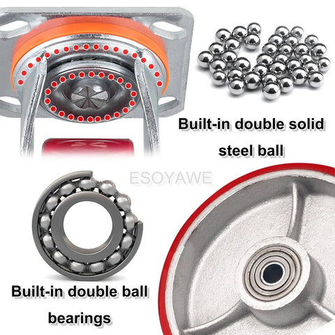 Heavy Duty Swivel Plate Caster Set Of Four Featuring Silent Polyurethane Wheels with dual ball bearings and steel hub shown.