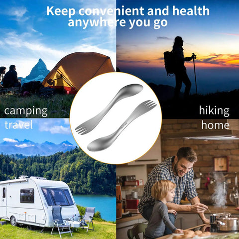 Ultralight Titanium 2 In 1 Fork And Spoon Spork For Camping 2 Pack Eco Friendly Backpacking Utensil shown outdoors