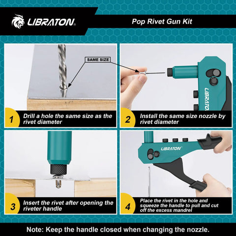 Heavy Duty Rivet Gun Kit With Ergonomic Grip And Safety Lock, Pro Grade Pop Rivet Tool For Quick Riveting in use steps
