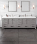 Top Shelf 96 Inch Gray Double Sink Bathroom Vanity With Durable Carrara Quartz Top And Undermount Porcelain Sinks Plus Flawless Brushed Nickel Hardware For Rapid Home Renovations in modern bathroom setting.