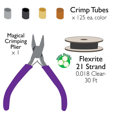 Epic All In One Crimping Kit With Pliers, 500 2x2 mm Crimp Tubes In Silver Gold Copper, And 21 Strand Flex Rite Wire for Jewelry Making