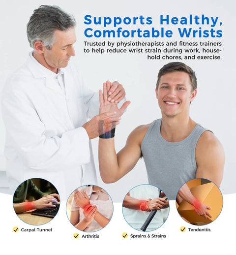 Doctor adjusting Dual Pack Wrist Compression Straps For Pain Relief And Support on patient, shows use for tendonitis and carpal tunnel.