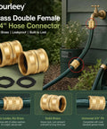 Heavy Duty 3/4 Inch Solid Brass Garden Hose Connector Set With Double Female Ends And Spare Washers, showing two brass connectors and washers.