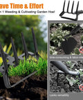 Two In One Garden Hoe With Cultivator Rake For Fast Weeding And Soil Prep, showing sharp blade and cultivator tines in use.