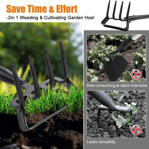 Two In One Garden Hoe With Cultivator Rake For Fast Weeding And Soil Prep, showing sharp blade and cultivator tines in use.