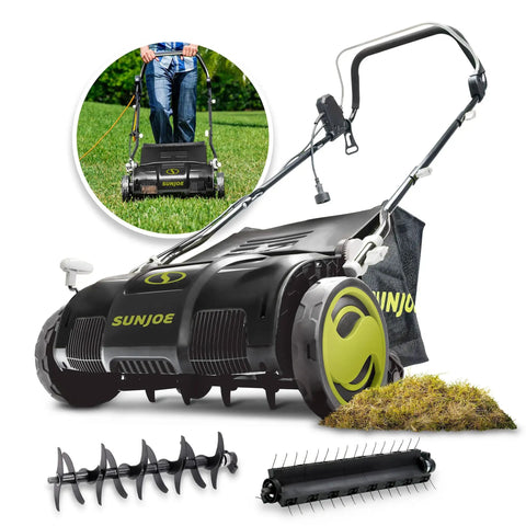 15 Inch Electric Lawn Dethatcher With Scarifier Blade Reel And Collection Bag For Grass Thatch Removal Powered By A 13 Amp Corded Yard Power Rake Tool Built For No Fuss Cleanups And Greener Lawn Care AJ805E, shown with detachable blades and collection bag.