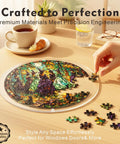Hand assembling Dope Acrylic Suncatcher Puzzle Kit With Dark Gothic Witch Design, 83 pieces on a wooden table