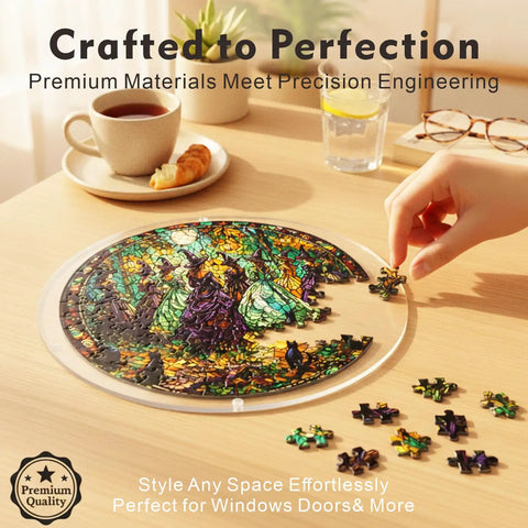 Hand assembling Dope Acrylic Suncatcher Puzzle Kit With Dark Gothic Witch Design, 83 pieces on a wooden table
