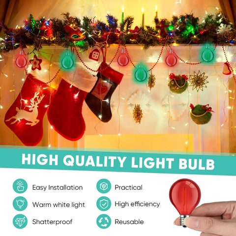 Christmas decor with stockings and 100 Pack G40 LED Globe Bulbs 1W Warm White 2700K For C7 And E12 Candelabra Bases displayed