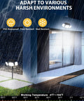Solar Motion Sensor Outdoor Lights With Stakes For In Ground Or Wall Mount 270 Degree Wide Angle Illumination 208 LED Solar Powered Security Flood Lights IP65 Waterproof No Fuss 2 Pack For Yard Garden Front Porch showing lights in rain highlighting waterproof feature.