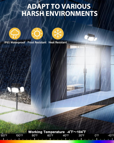 Solar Motion Sensor Outdoor Lights With Stakes For In Ground Or Wall Mount 270 Degree Wide Angle Illumination 208 LED Solar Powered Security Flood Lights IP65 Waterproof No Fuss 2 Pack For Yard Garden Front Porch showing lights in rain highlighting waterproof feature.