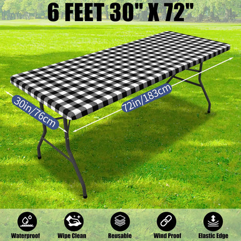 Waterproof Elastic Fitted 6Ft Picnic Table Cloth 2 Pack Buffalo Plaid Black White 30x72 Inches outdoors on grass
